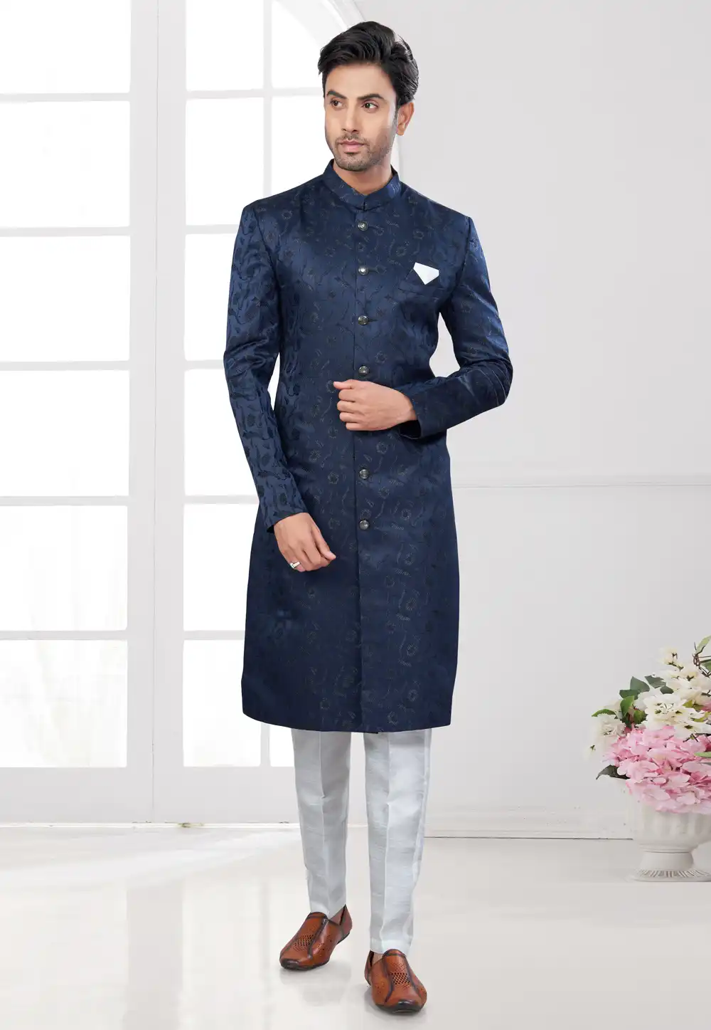 Navy Blue Jacquard Indo Western Suit 294581