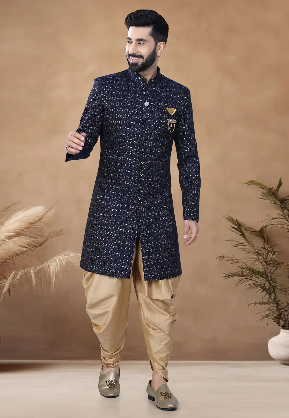 Navy Blue Jacquard Indo Western Suit 298577