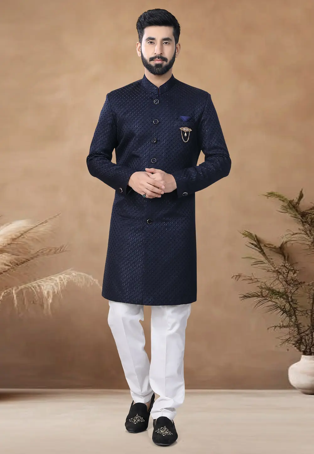 Navy Blue Jacquard Indo Western Suit 298806