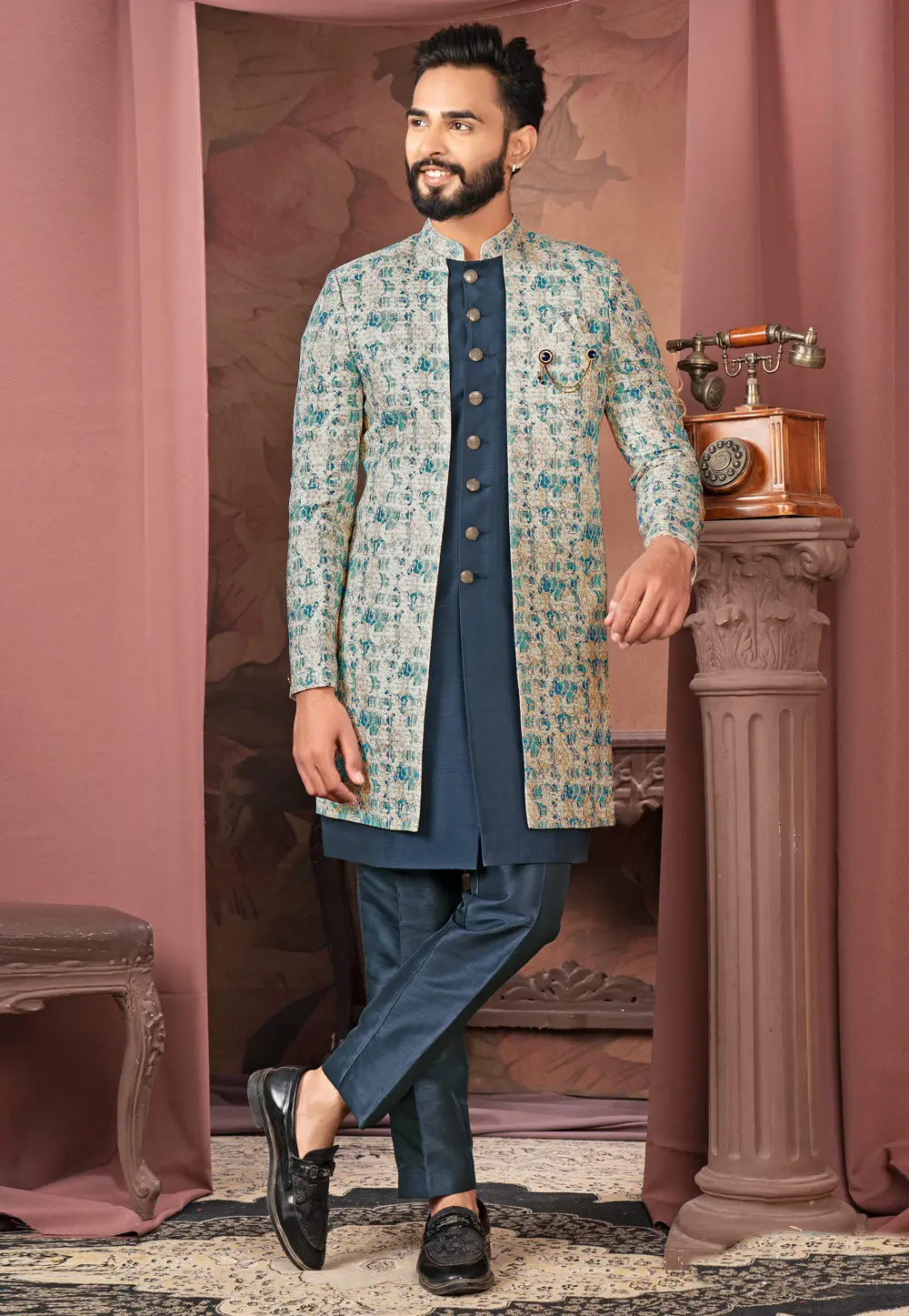 Navy Blue Jacquard Jacket Style Sherwani 302455