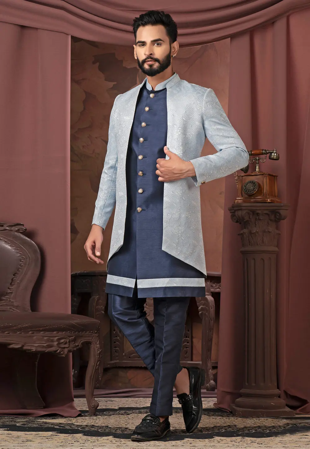 Navy Blue Jacquard Jacket Style Sherwani 302465