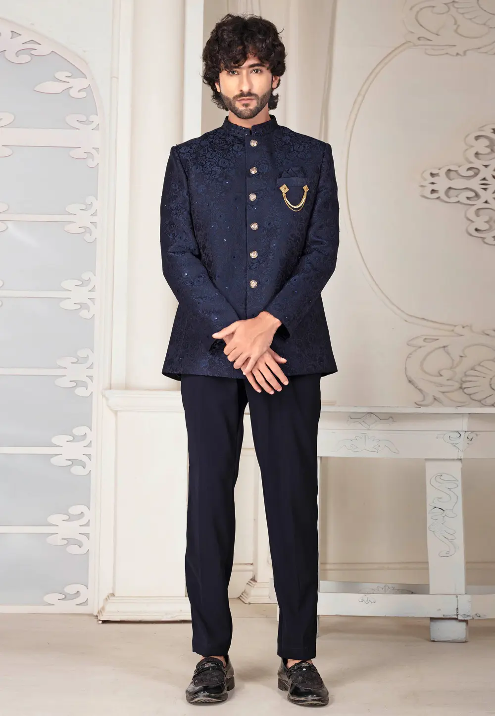 Navy Blue Jacquard Jodhpuri Suit 302163