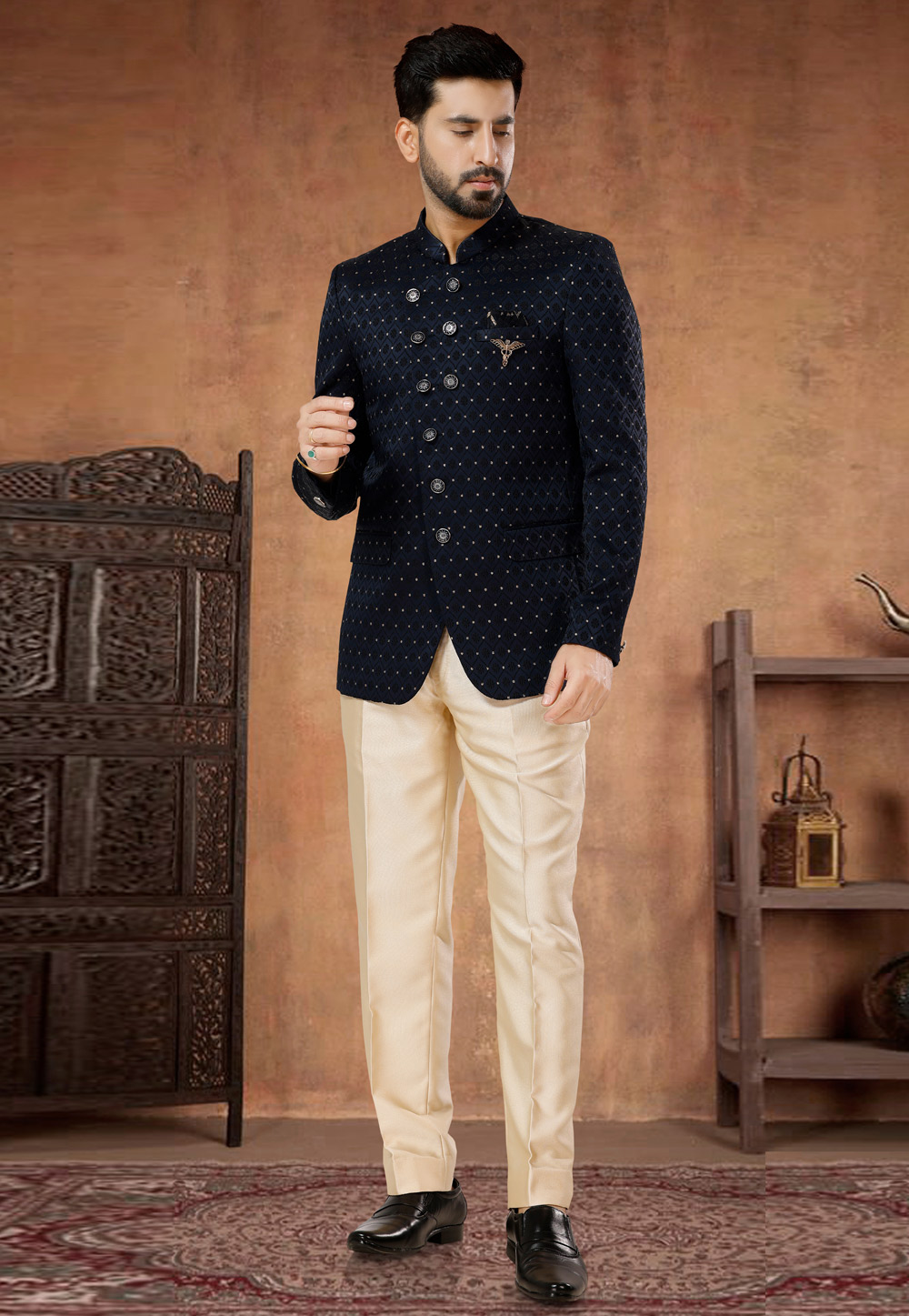 Navy Blue Jacquard Jodhpuri Suit 282991