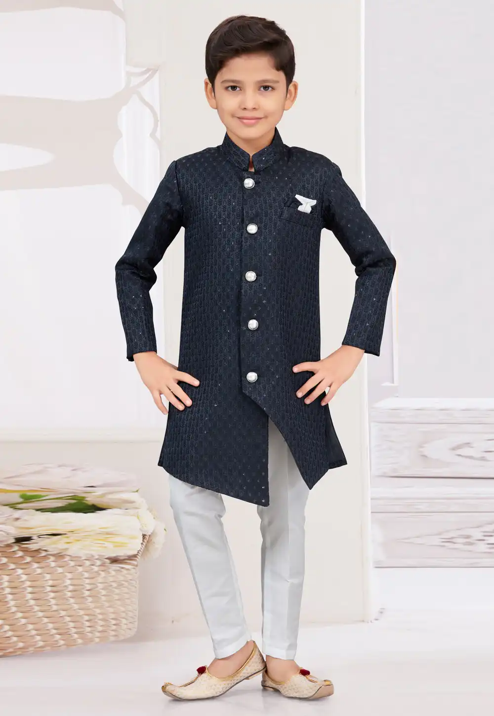 Navy Blue Jacquard Kids Indo Western Sherwani 294914