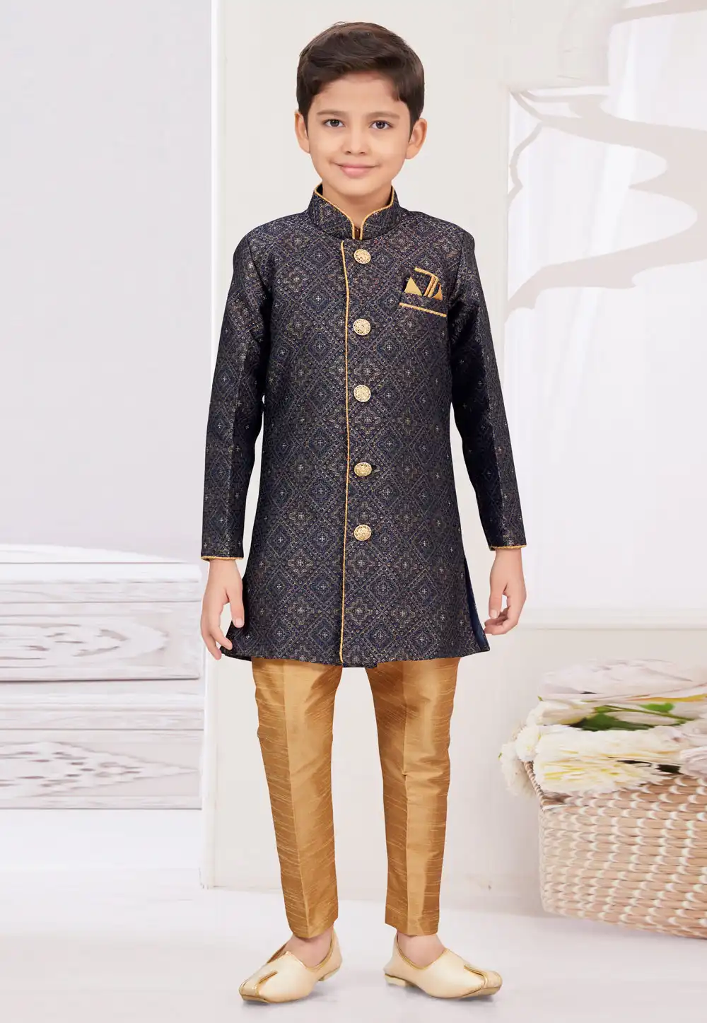 Navy Blue Jacquard Kids Indo Western Sherwani 294953