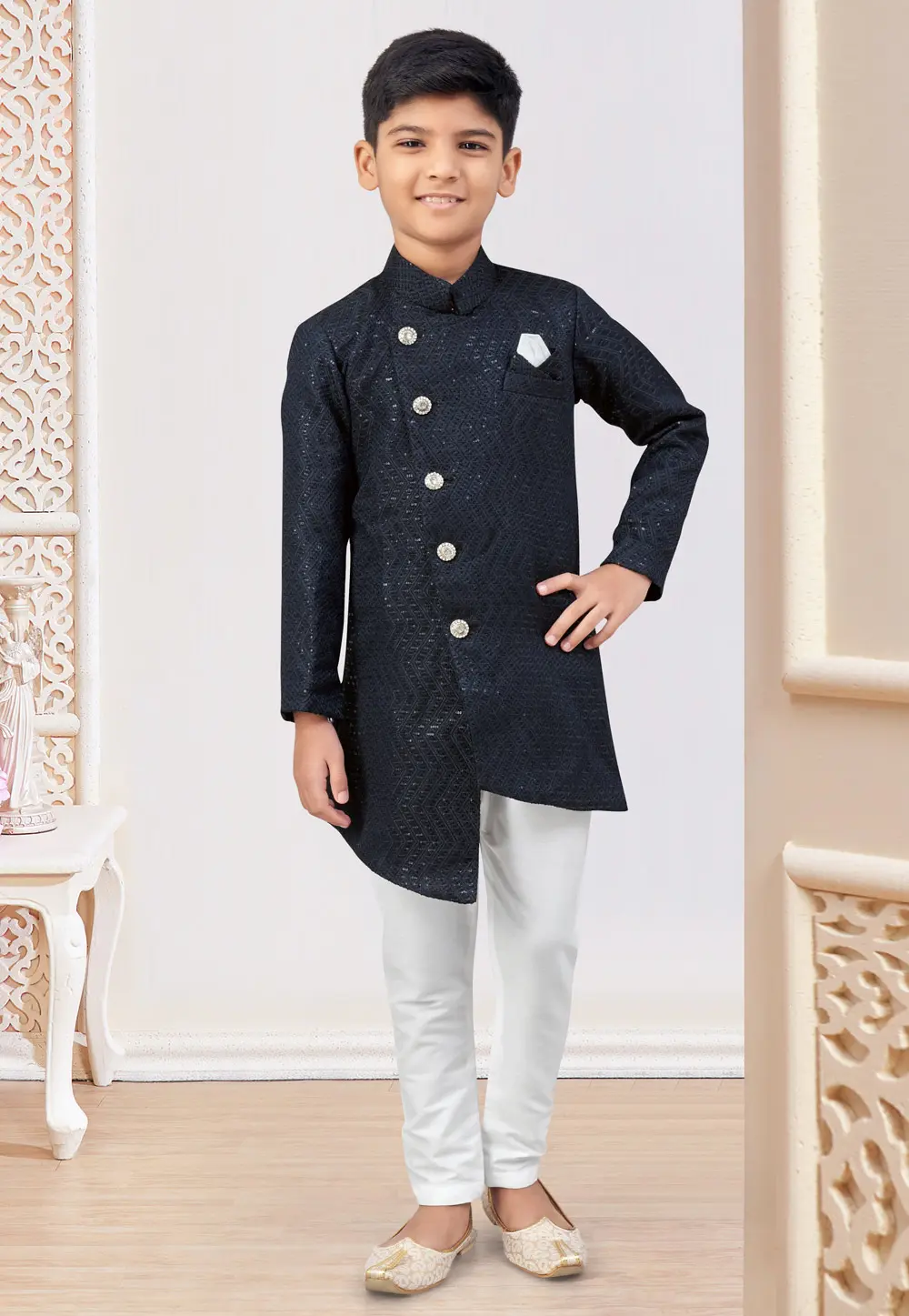 Navy Blue Jacquard Kids Indo Western Sherwani 303779