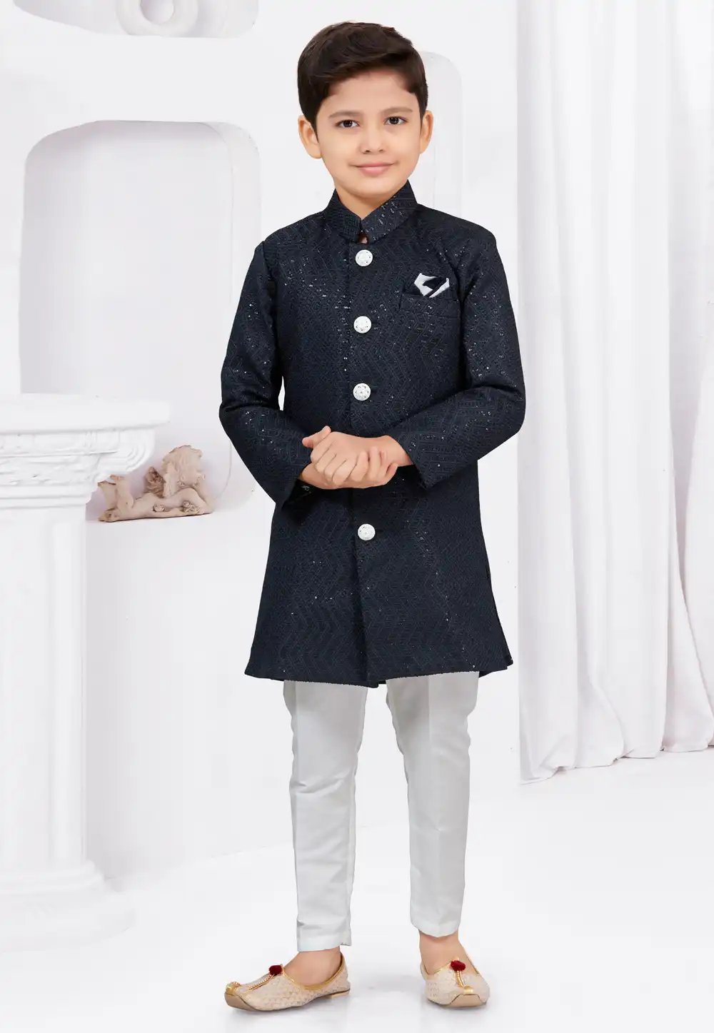 Navy Blue Jacquard Kids Indo Western Suit 292996