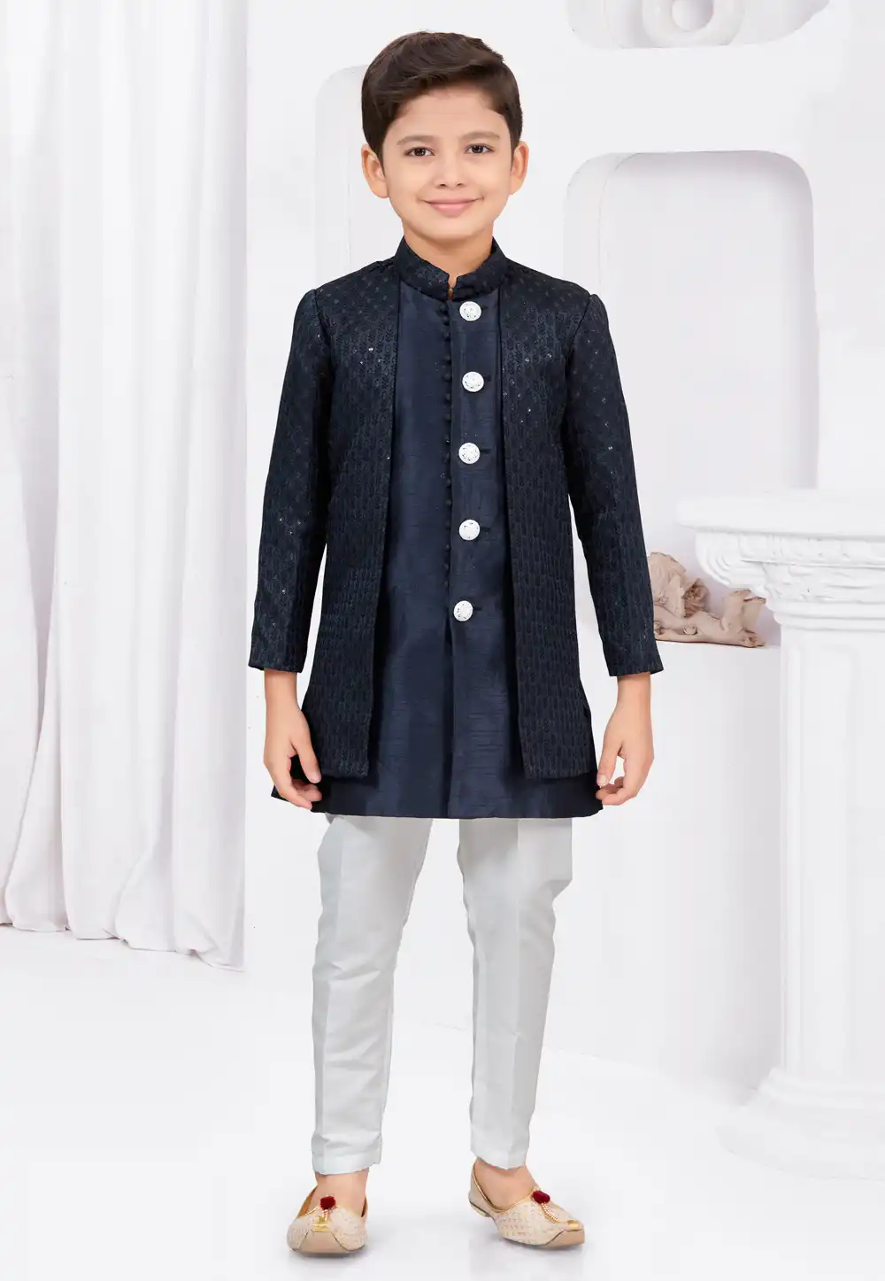 Navy Blue Jacquard Kids Indo Western Suit 293003