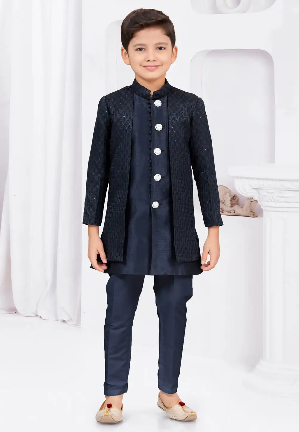 Navy Blue Jacquard Kids Indo Western Suit 294975