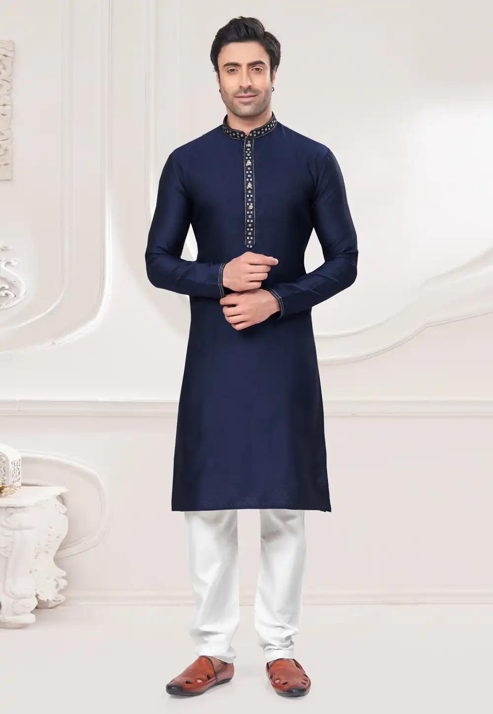 Navy Blue Jacquard Kurta Pajama 293759