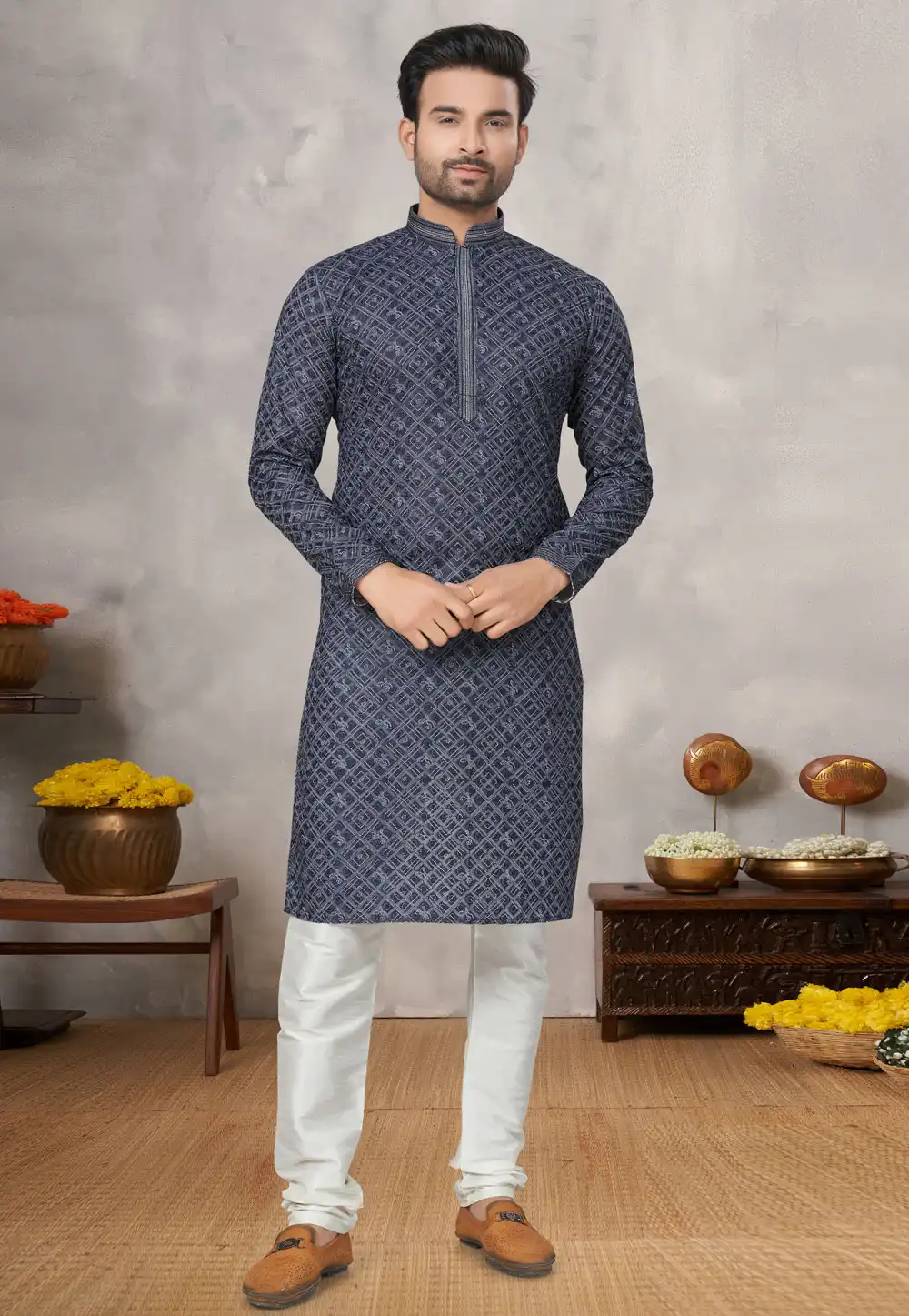 Navy Blue Jacquard Kurta Pajama 293899