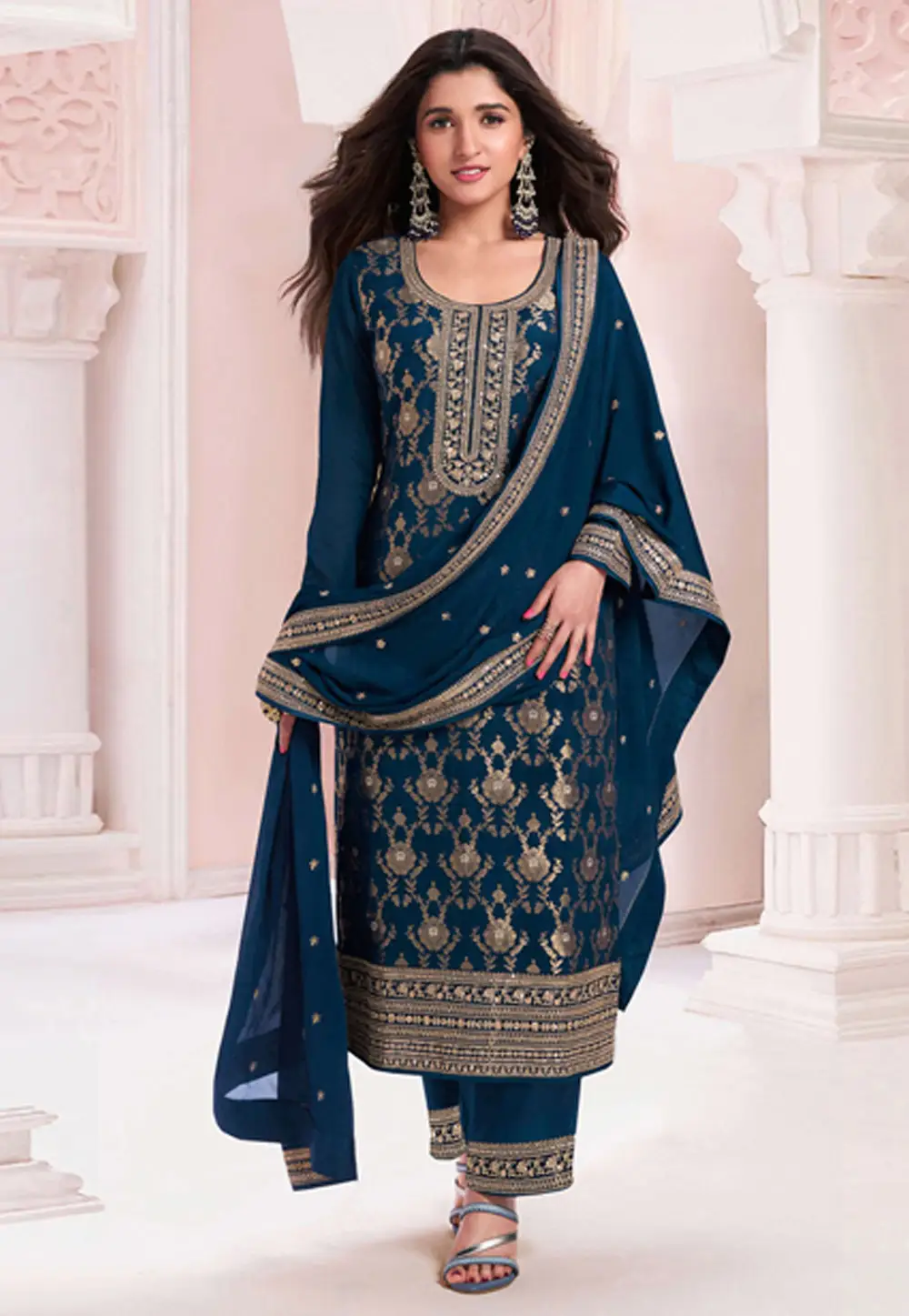 Navy Blue Jacquard Pakistani Suit 298636