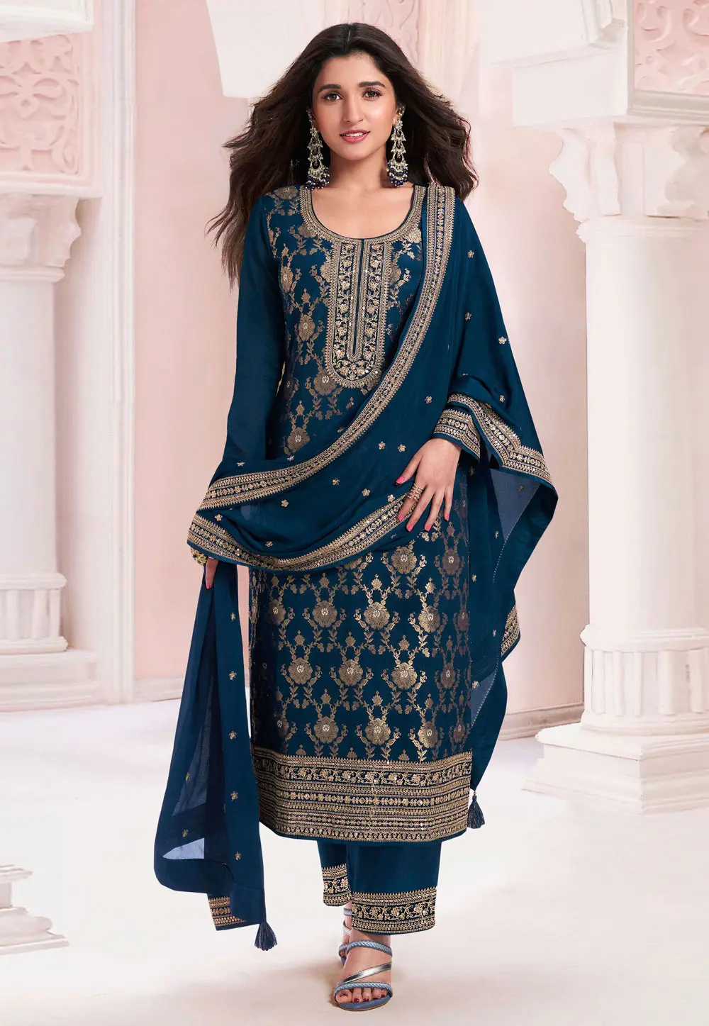 Navy Blue Jacquard Pakistani Suit 298636