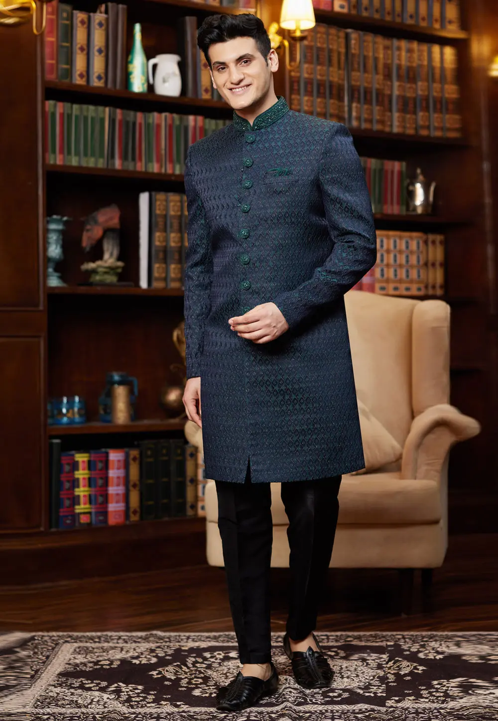 Navy Blue Jacquard Silk Indo Western Sherwani 302232