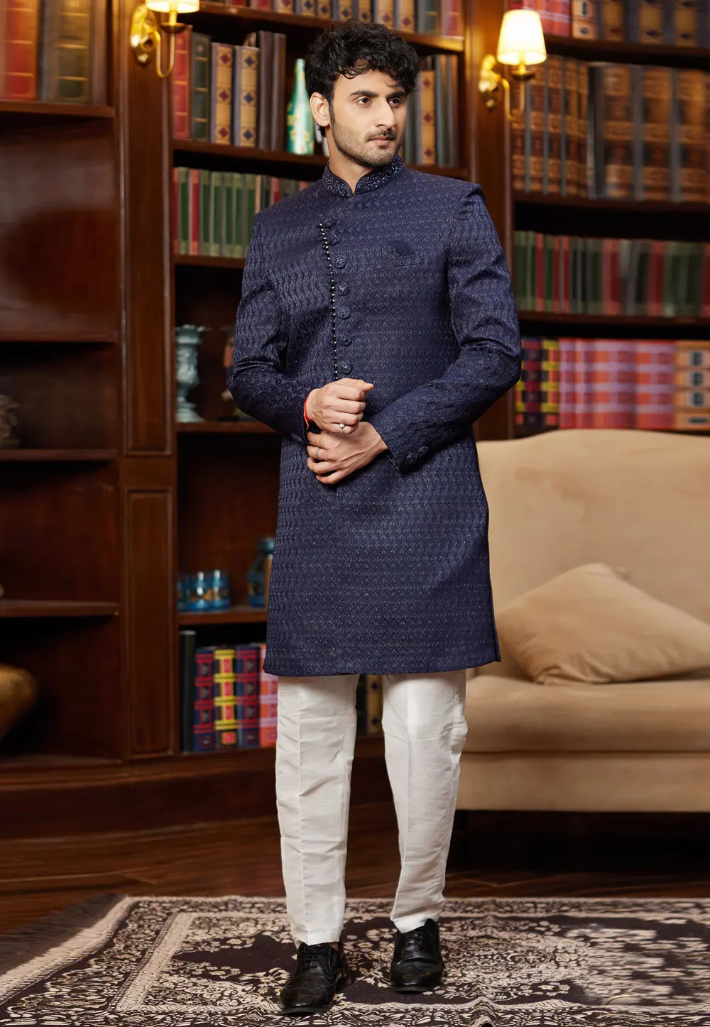 Navy Blue Jacquard Silk Indo Western Sherwani 302233