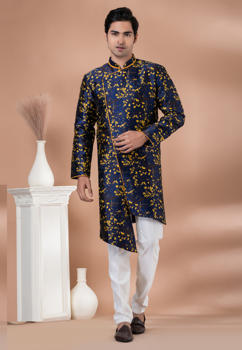 Navy Blue Jacquard Silk Indo Western Suit 283134