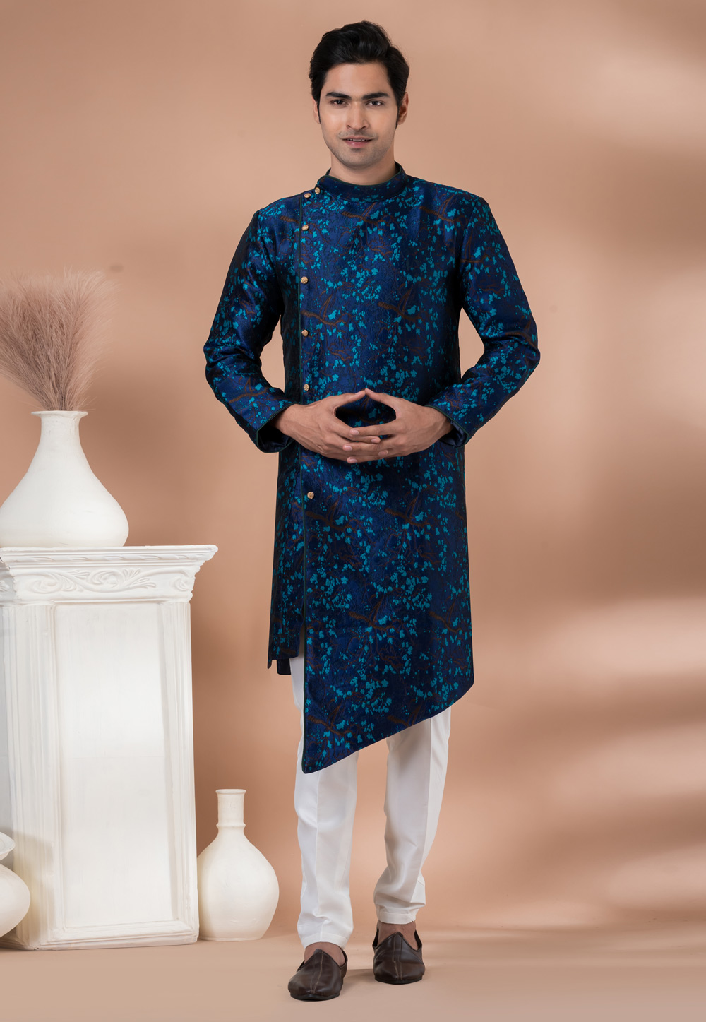 Navy Blue Jacquard Silk Indo Western Suit 283135