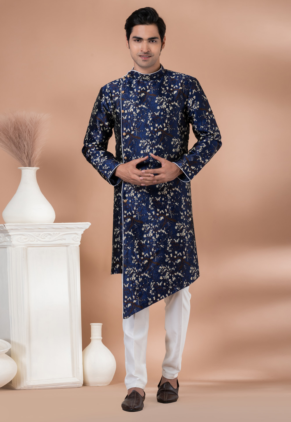 Navy Blue Jacquard Silk Indo Western Suit 283136