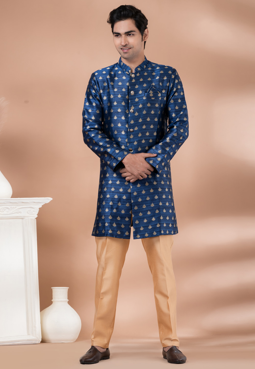 Navy Blue Jacquard Silk Indo Western Suit 283142