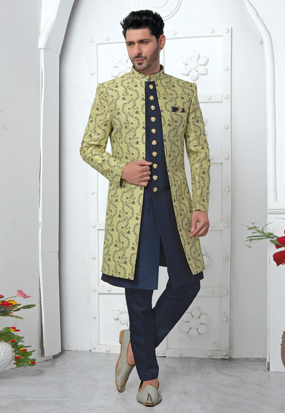 Navy Blue Jacquard Silk Jacket Style Sherwani 280148