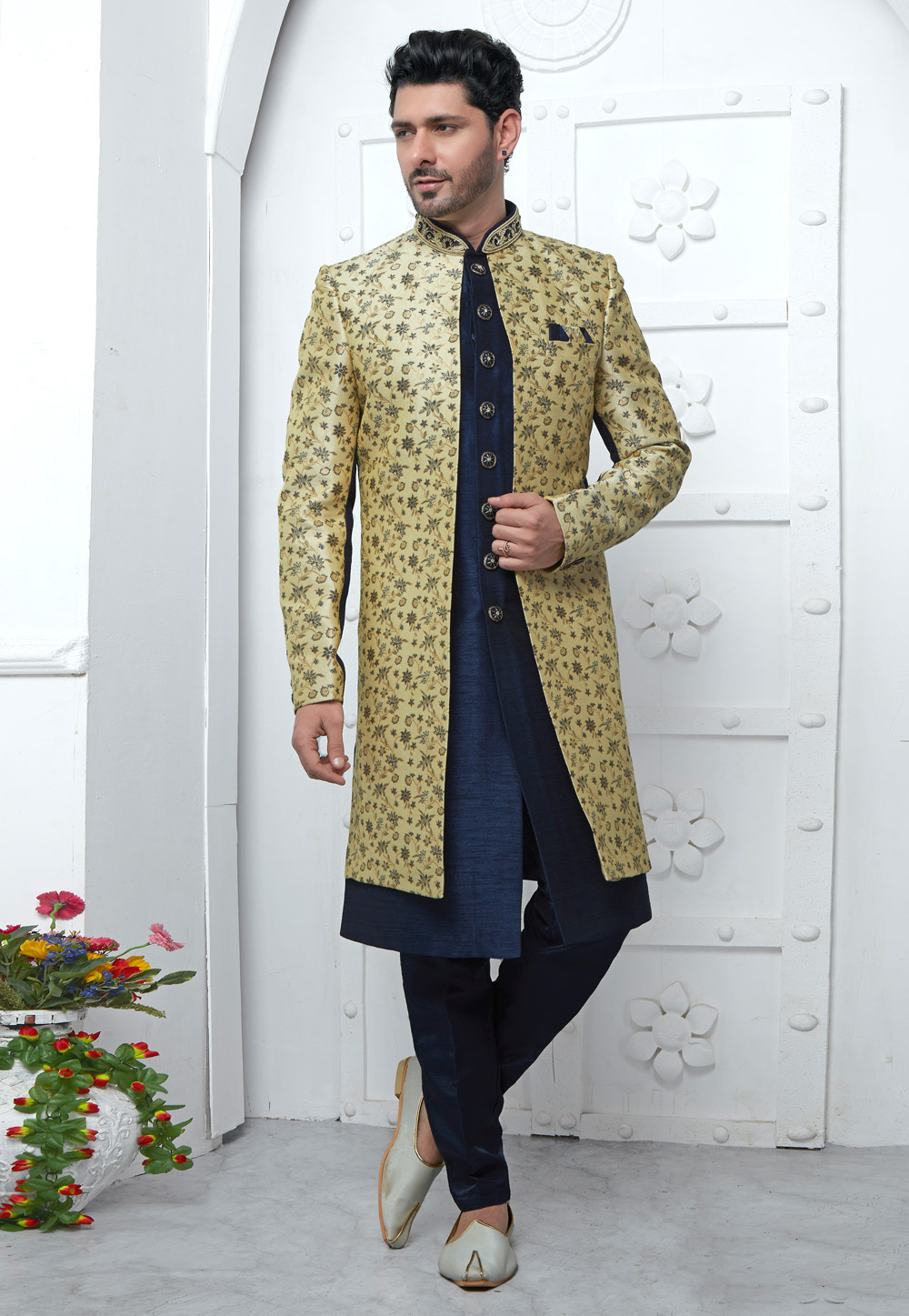 Navy Blue Jacquard Silk Jacket Style Sherwani 280155