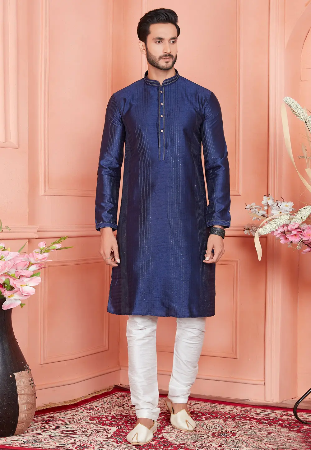 Navy Blue Jacquard Silk Kurta Pajama 304289