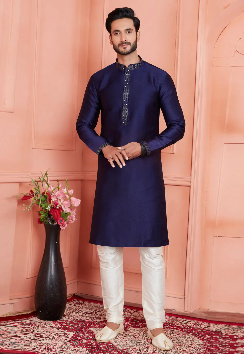 Navy Blue Jacquard Silk Kurta Pajama 304298