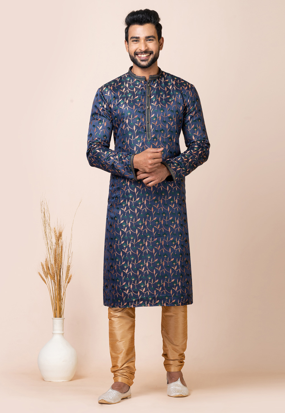 Navy Blue Jacquard Silk Kurta Pajama 286250