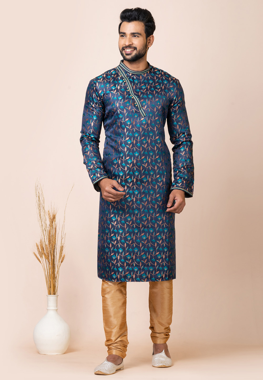 Navy Blue Jacquard Silk Kurta Pajama 286253