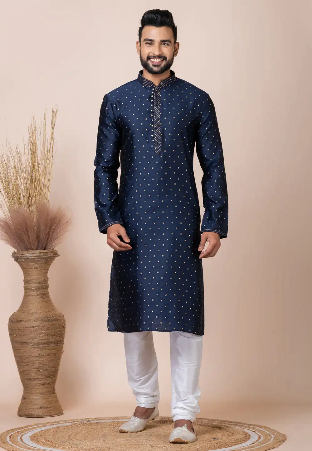 Navy Blue Jacquard Silk Kurta Pajama 293941