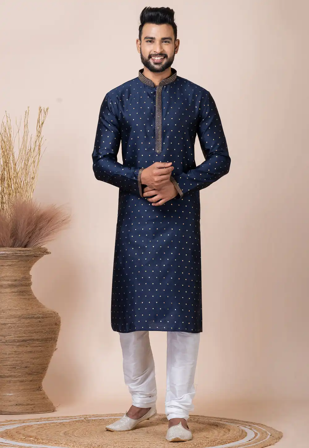 Navy Blue Jacquard Silk Kurta Pajama 293947