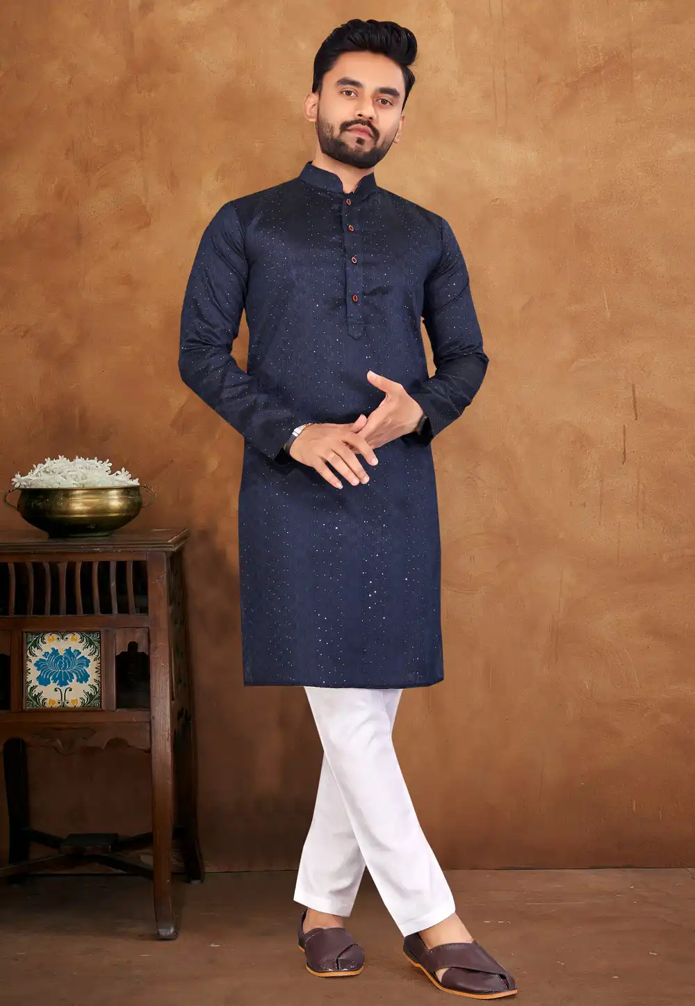 Navy Blue Jacquard Silk Kurta Pajama 293423