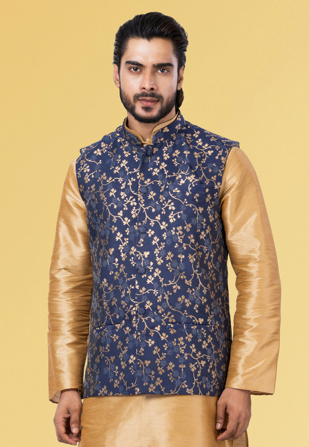 Navy Blue Jacquard Silk Nehru Jacket 286926