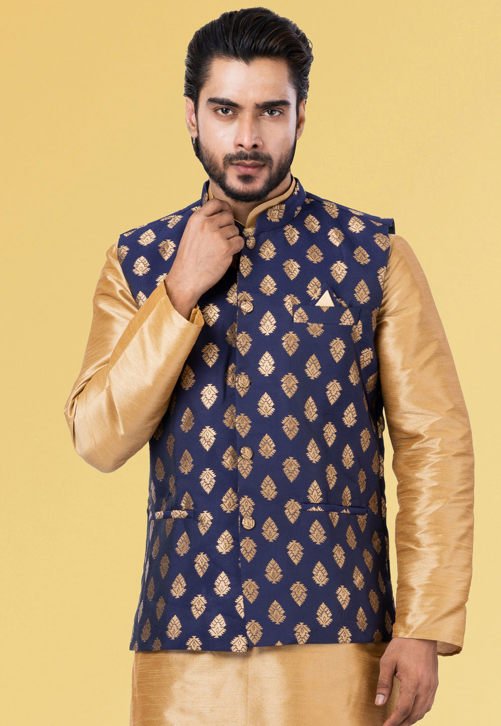 Navy Blue Jacquard Silk Nehru Jacket 286927