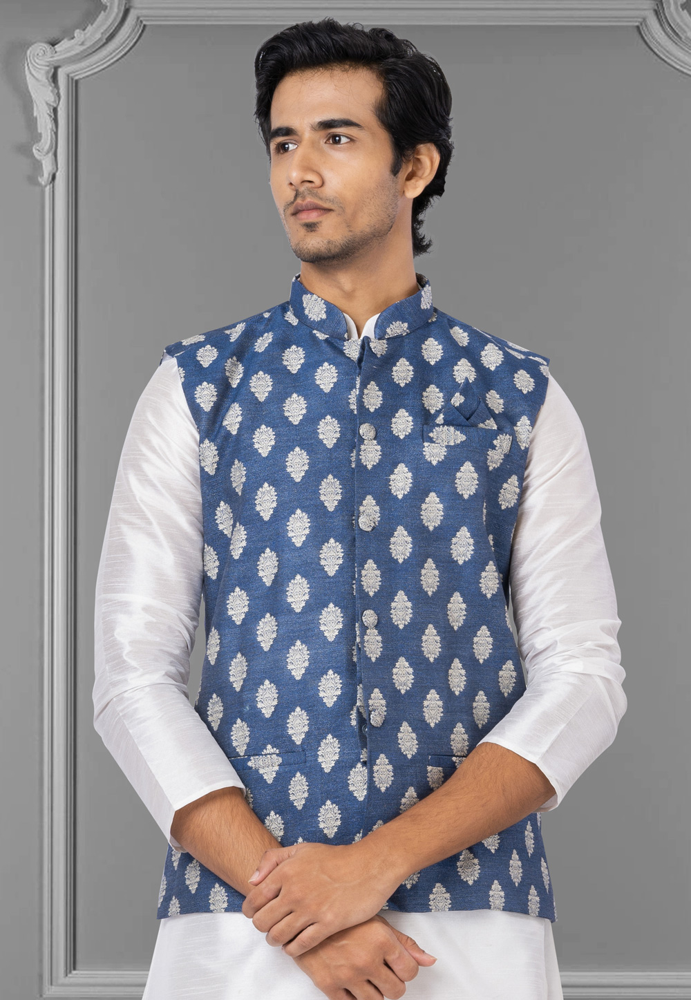 Navy Blue Jacquard Silk Nehru Jacket 286946