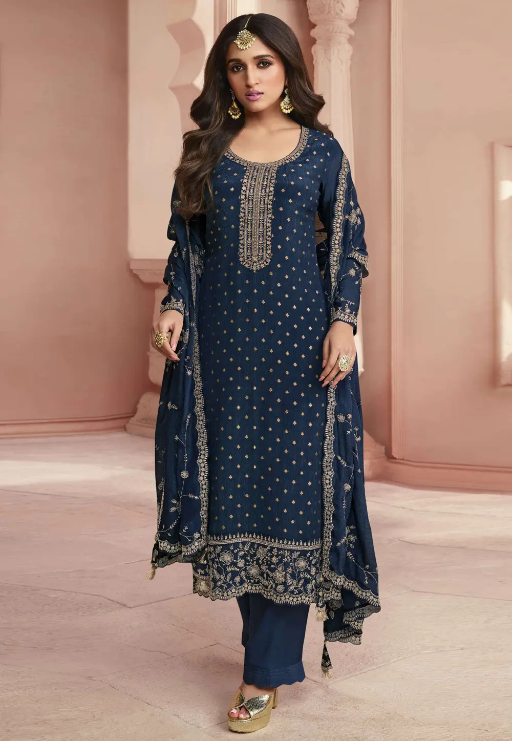 Navy Blue Jacquard Silk Straight Suit 301269