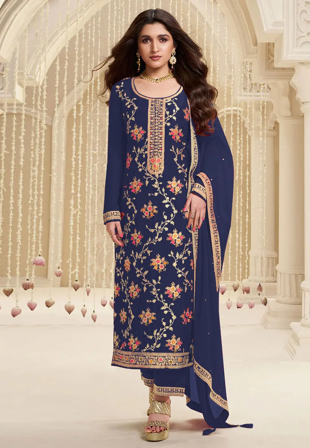 Navy Blue Jacquard Straight Suit 301447