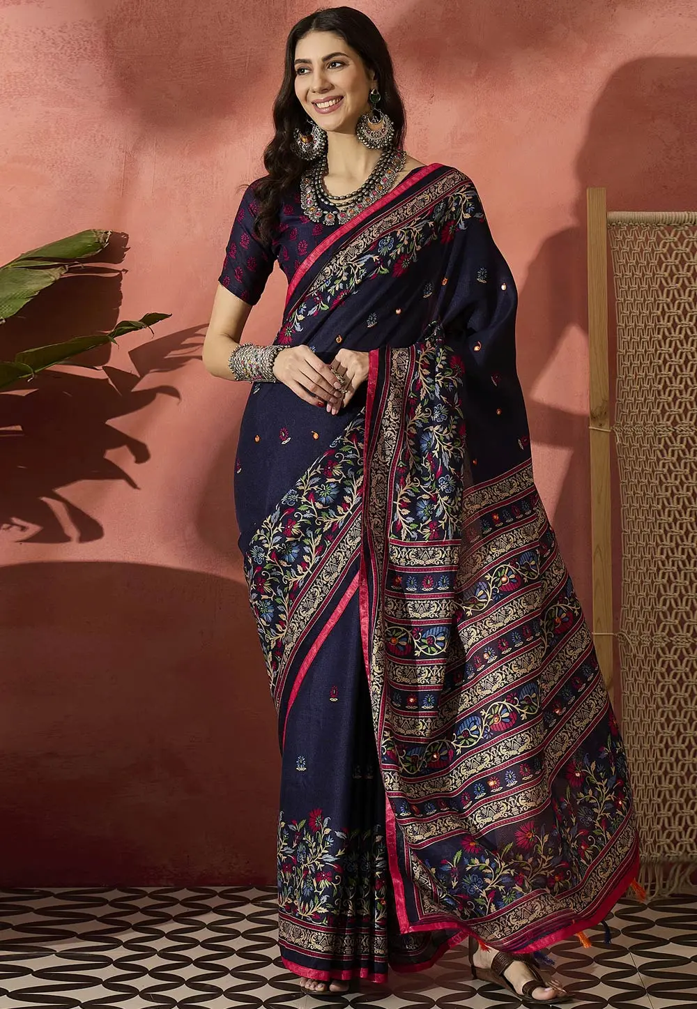 Navy Blue Jute Silk Saree With Blouse 304746