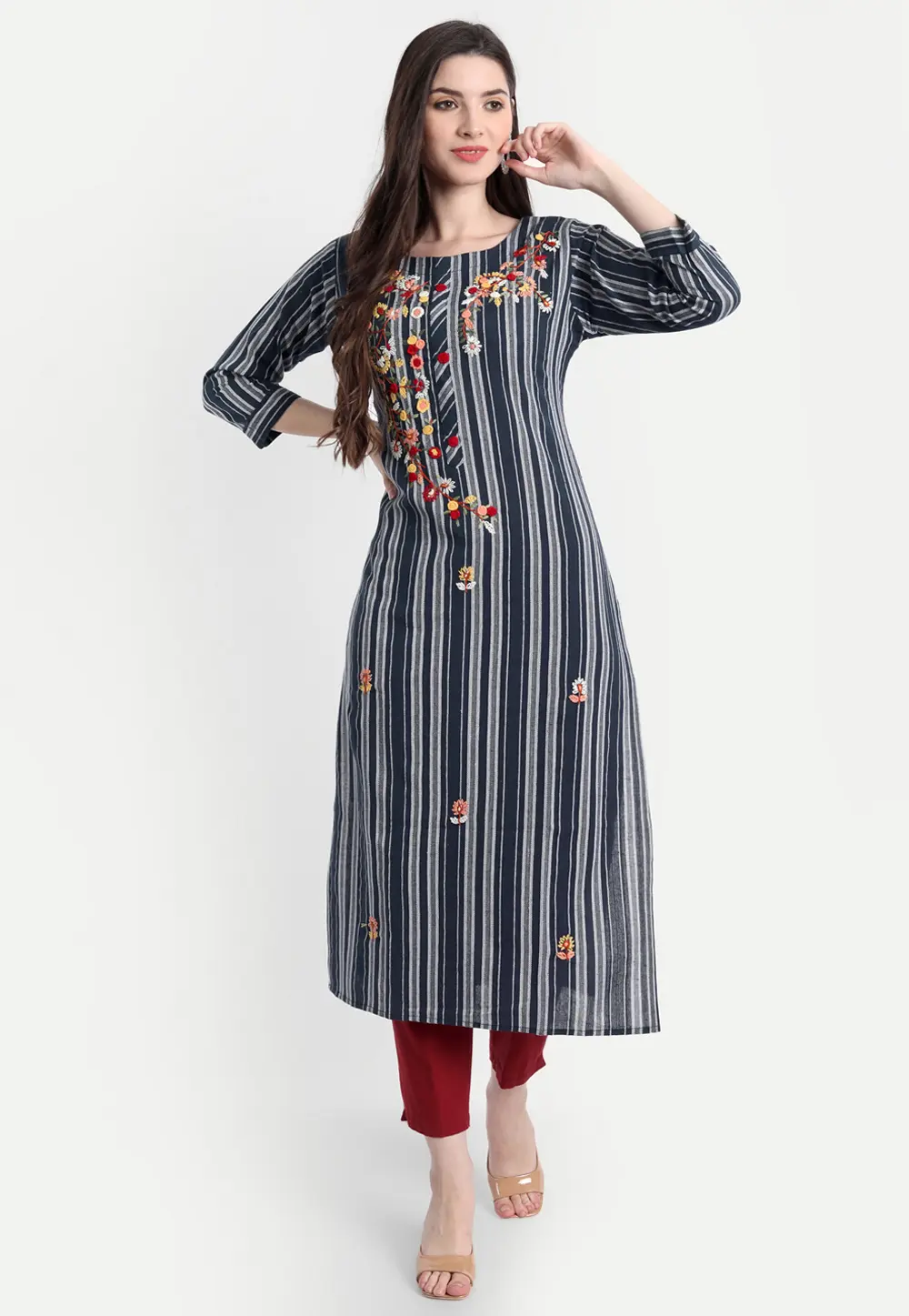 Navy Blue Khadi Cotton Long Kurti 300485