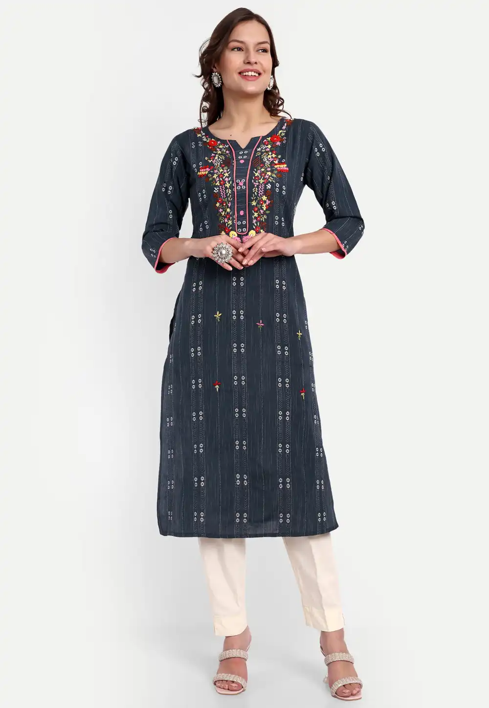 Navy Blue Khadi Cotton Long Tunic 294511