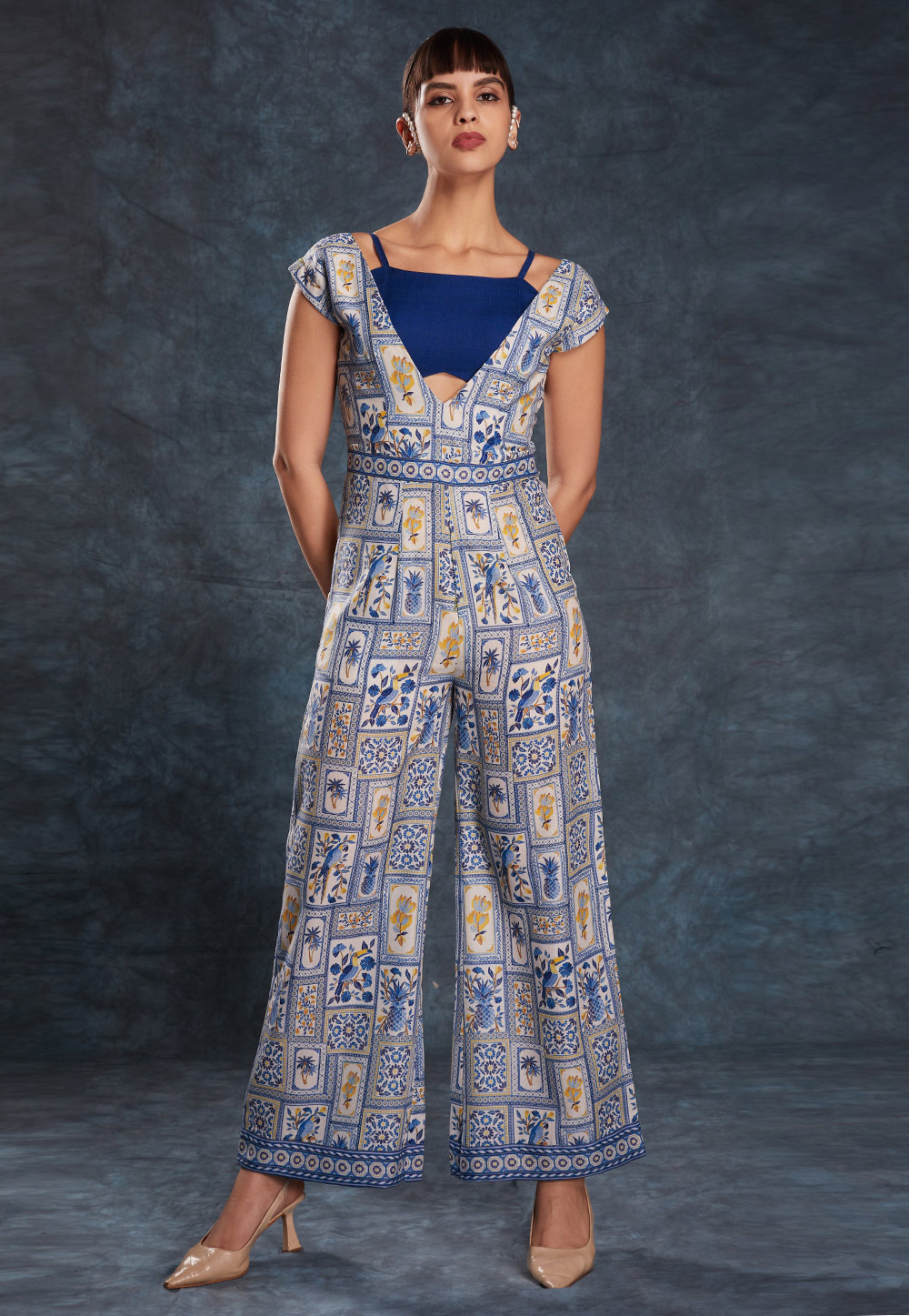 Navy Blue Linen Printed Jumpsuit 306227