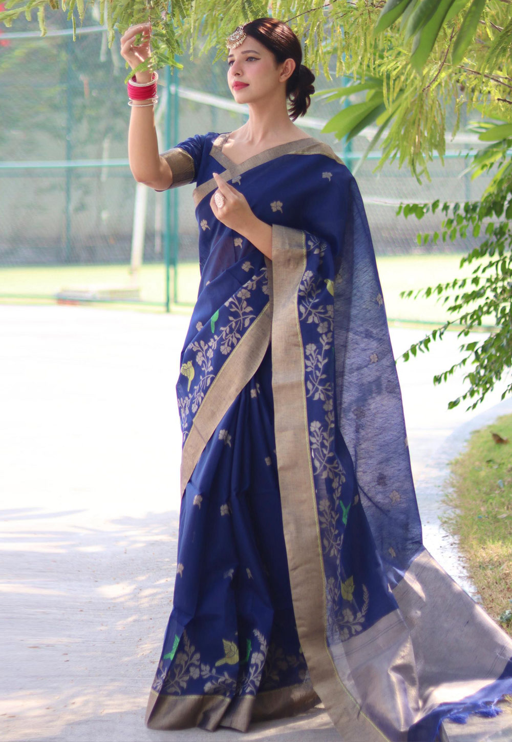 Navy Blue Linen Saree With Blouse 278931