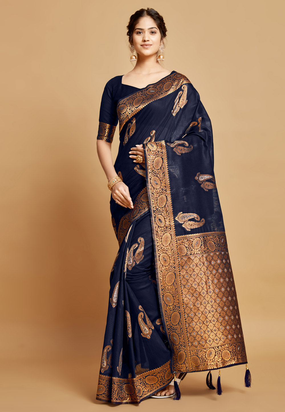 Navy Blue Linen Saree With Blouse 279773