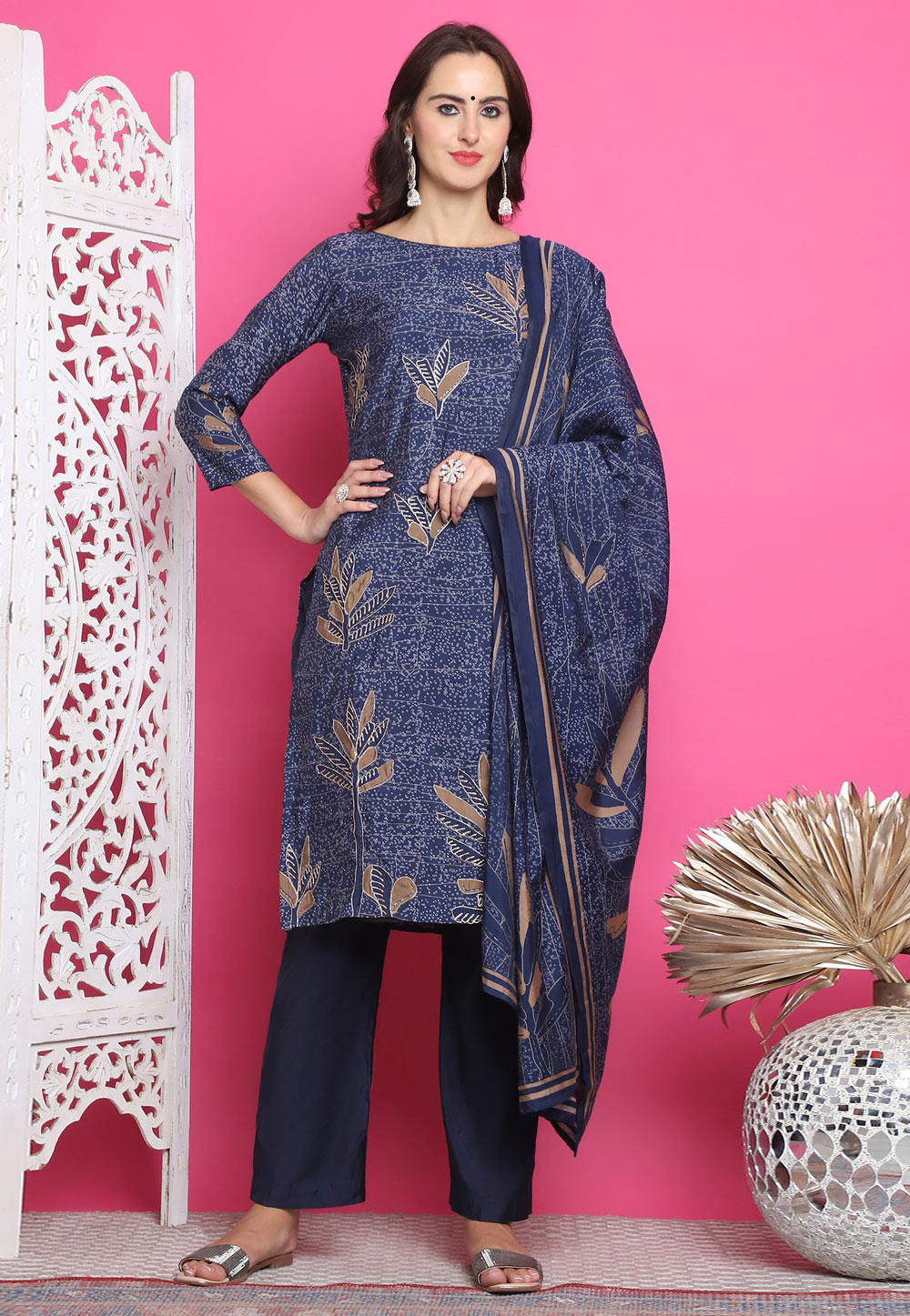 Navy Blue Muslin Pakistani Suit 310106