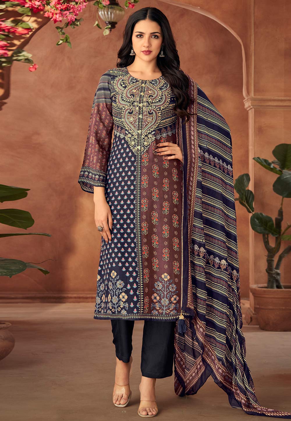 Navy Blue Muslin Pakistani Suit 310177