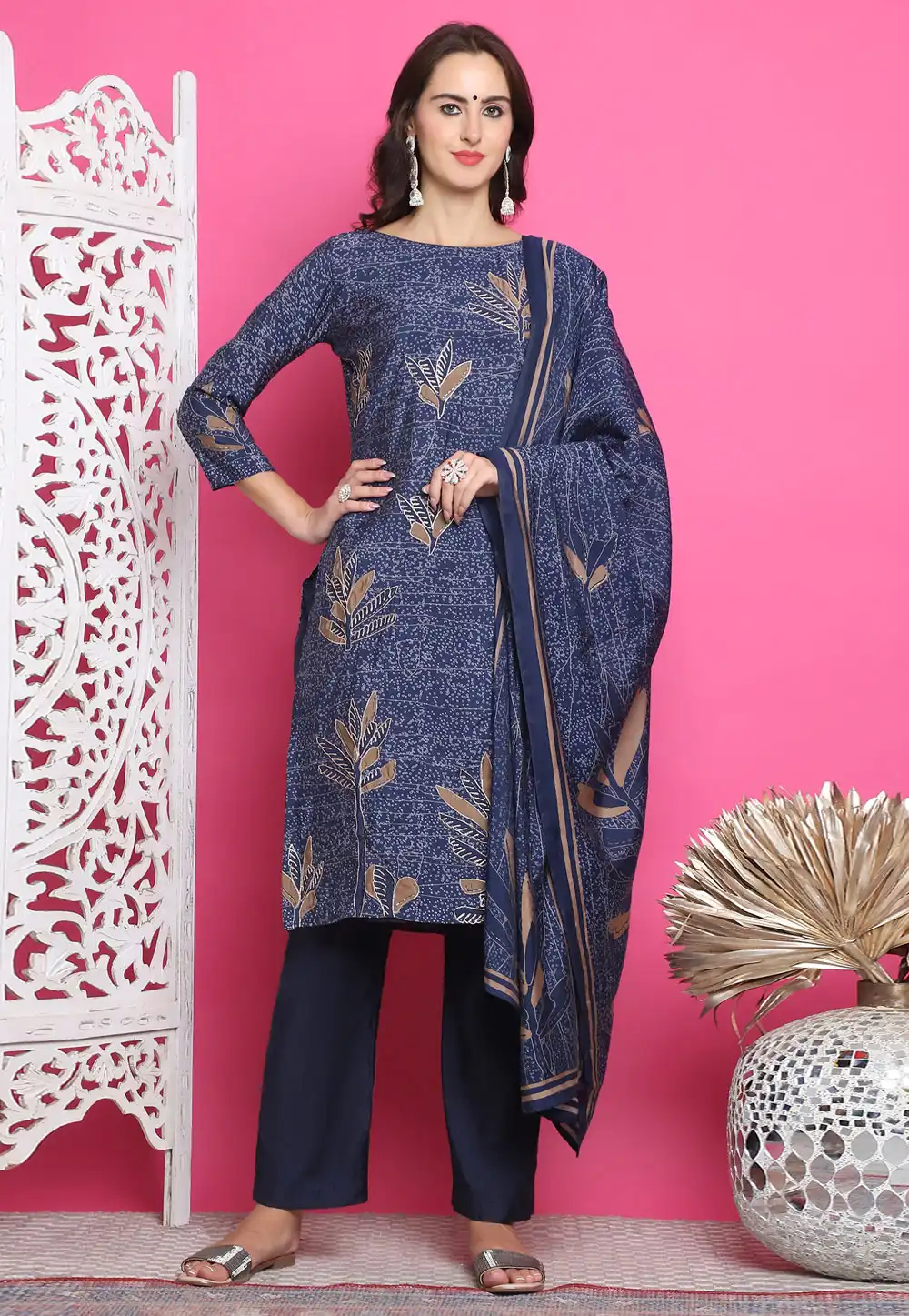 Navy Blue Muslin Pakistani Suit 293870