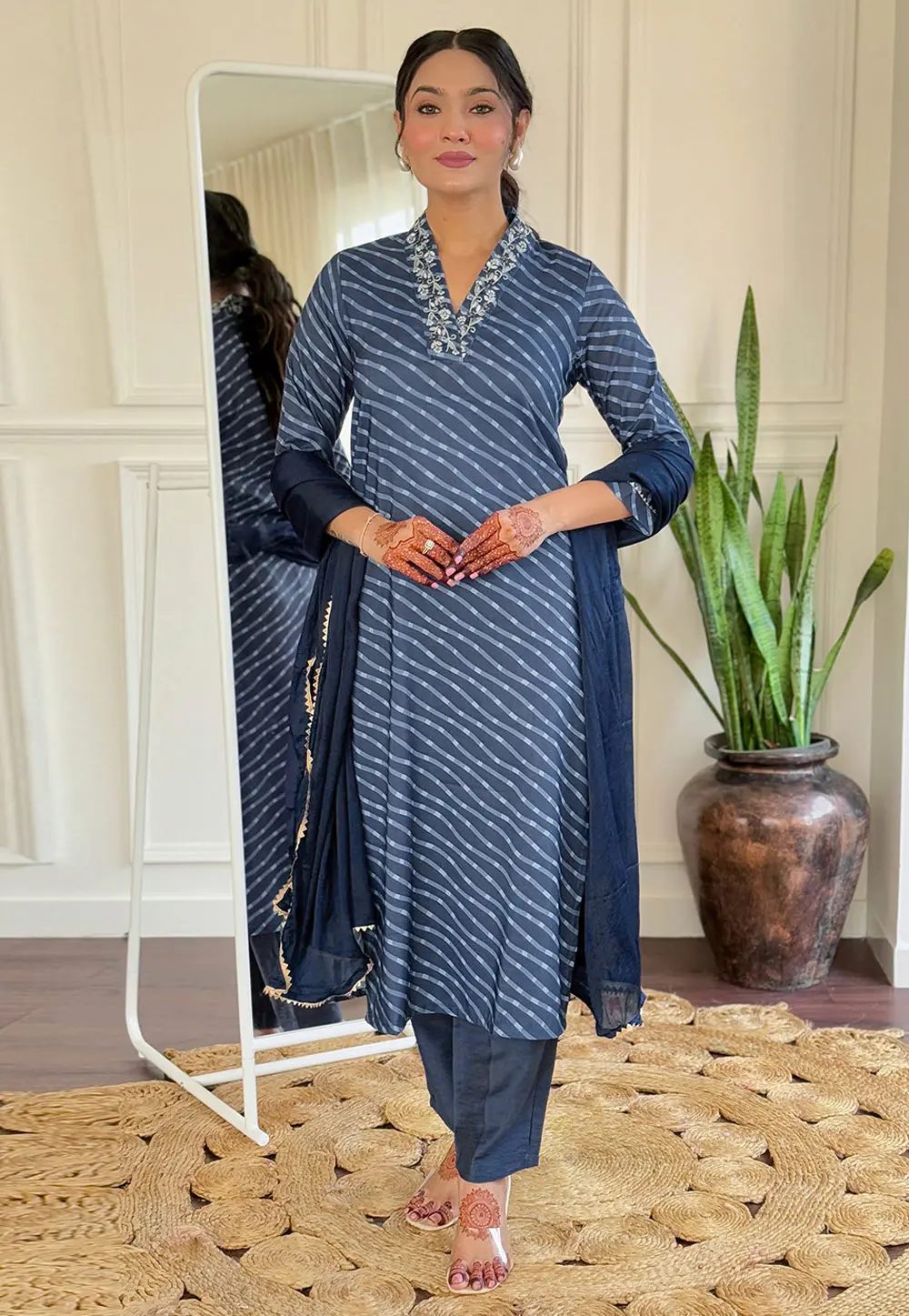 Navy Blue Muslin Readymade Pakistani Suit 303964