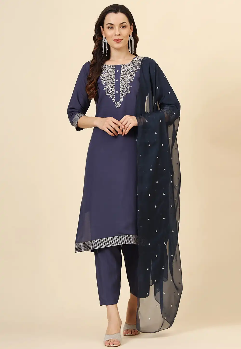 Navy Blue Muslin Readymade Pant Style Suit 294256