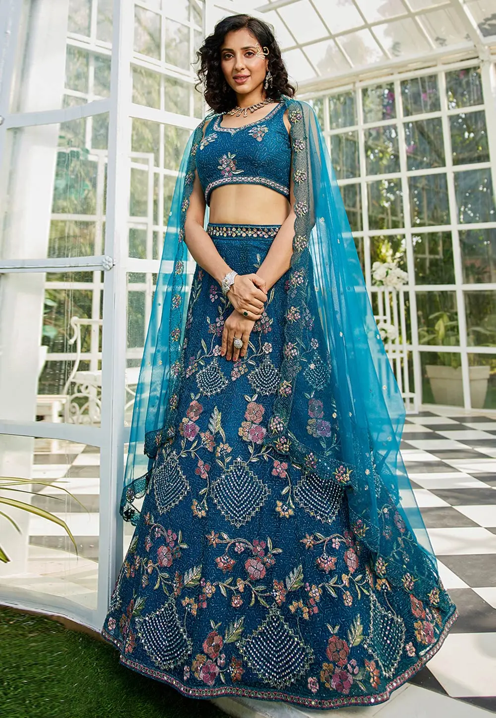 Navy Blue Net A Line Lehenga Choli 304198