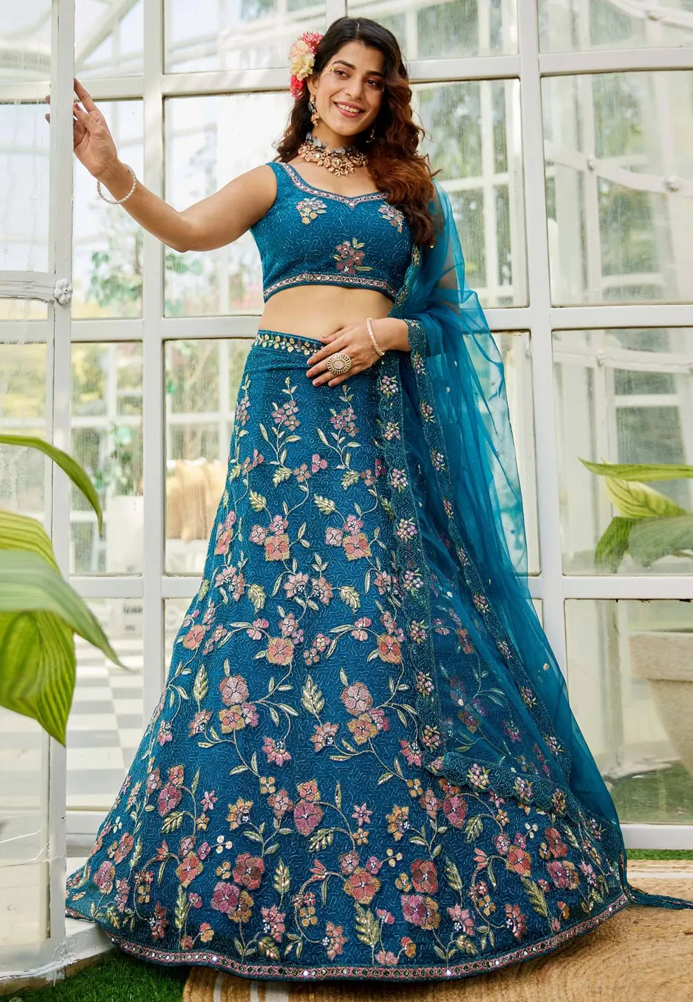 Navy Blue Net A Line Lehenga Choli 304204